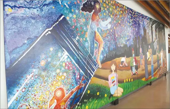  ?? PHOTOS BY LYNN KUTTER ENTERPRISE-LEADER “We Are the Difference.” The girl flying out of the ?? This mural created by the art club at Farmington Junior High School is on display at Fayettevil­le Public Library. The theme of the mural is jar is to show that children are the “hope” of the world.