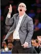  ?? Sarah Stier/Getty Images ?? UConn coach Dan Hurley reacts during the first half against Marquette in the semifinals of the Big East Tournament on Friday night.