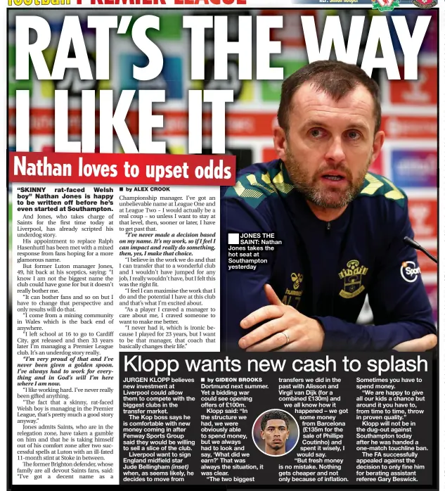  ?? ?? ■ JONES THE SAINT: Nathan Jones takes the hot seat at Southampto­n yesterday