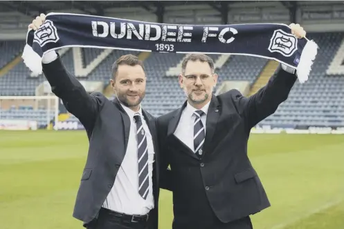  ??  ?? 0 James Mcpake, left, is unveiled as Dundee’s new manager by managing director John Nelms at Dens Park yesterday.