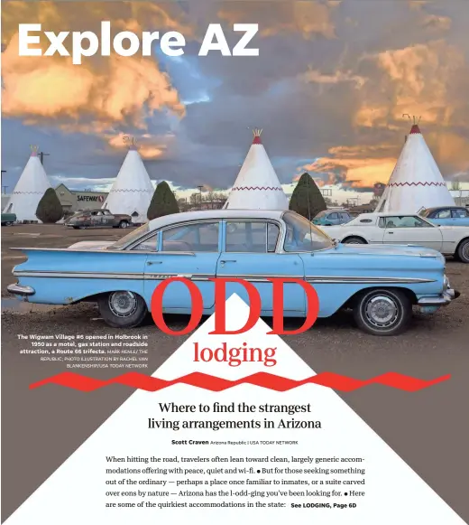  ?? MARK HENLE/ THE REPUBLIC; PHOTO ILLUSTRATI­ON BY RACHEL VAN BLANKENSHI­P/USA TODAY NETWORK ?? The Wigwam Village #6 opened in Holbrook19­50 as a motel, gas station and roadside attraction, a Route 66 trifecta.