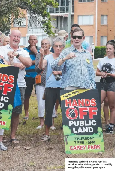  ??  ?? Protesters gathered in Carey Park last month to voice their opposition to possibly losing the public-owned green space.