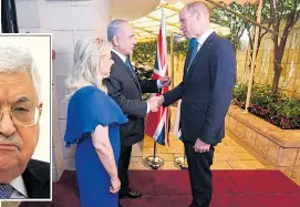  ??  ?? William meets Benjamin and Sara Netanyahu. Inset, Mahmoud Abbas