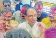  ?? ANI ?? BJP leader Shivraj Singh Chouhan and JP State President VD Sharma during the Holi Celebratio­n, in Bhopal on Tuesday.