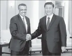  ?? ?? A pawn and his patron: WHO chief Tedros Adhanom with China’s dictator, Xi Jinping, in Beijing, Jan. 28, 2020.