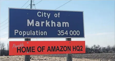  ?? CITY OF MARKHAM THE CANADIAN PRESS ?? The city of Markham tweeted a photo of a bright orange sign that dubs the city the “possible home of Amazon HQ2.”