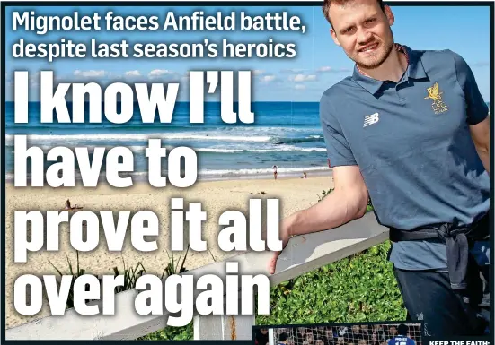  ??  ?? KEEP THE FAITH: Simon Mignolet relaxes at Bondi Beach in Australia and (left) saves a penalty from Chelsea’s Diego Costa during the 1-1 draw at Anfield in January