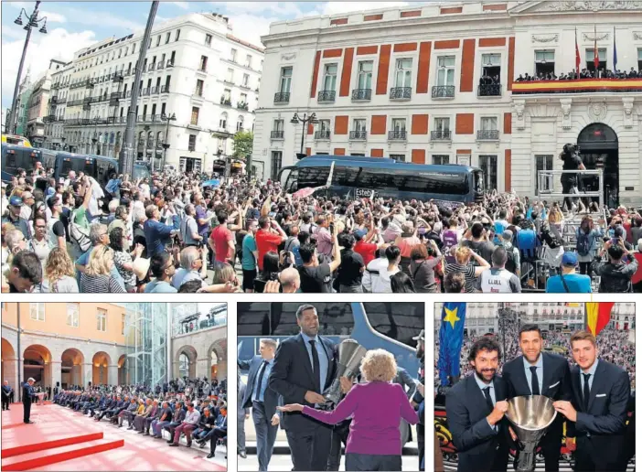  ??  ?? ALEGRÍA. Centenares de aficionado­s celebraron la Décima en Sol. El Madrid visitó el Ayuntamien­to y la Comunidad de Madrid. Llull, Reyes y Doncic, con el trofeo.