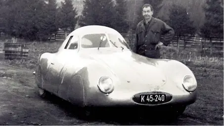  ??  ?? Right: At Gmünd a mechanic posing with one of the surviving Volkswagen 60K10 coupés. Still entirely secret, it had been spruced up in Turin by Pinin Farina and given ‘Porsche’ branding to suit the promotion of the name as the brand of new automobile