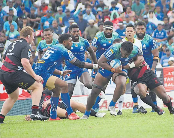  ?? Picture: JONACANI LALAKOBAU ?? Leone Rotuisolia attacks against the Crusaders during their Shop N Save Super Rugby Pacific match at Churchill Park in Lautoka on Saturday.