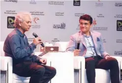  ?? John Verughese / Gulf Today ?? ↑
Sourav Ganguly speaks to the moderator at the Sharjah Internatio­nal Book Fair.