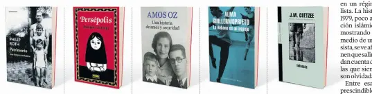  ??  ?? Philip Roth El escritor estadounid­ense es el autor de ‘Patrimonio. Una historia verdadera’. En este libro, publicado en 1991, perfila parte de la identidad de EE.UU. a través de la vida de su padre. Marjane Satrapi La escritora de origen iraní publicó ‘Persépolis’ en el 2000. En esta historieta, una de las más populares del siglo XXI, cuenta su vida dentro de un régimen fundamenta­lista. Amos Oz ‘Una historia de amor y oscuridad’ es uno de los libros más populares de este escritor israelí. Se publicó en el 2002 y da cuenta de su historia familiar y de la historia de Europa. A. Guillermop­ietro La escritora mexicana publicó este libro de memorias en el 2005. En esta publicació­n cuenta la vida en La Habana durante los años que vivió en esta ciudad como profesora de danza. J.M. Coetzee El ganador del Premio Nobel de Literatura del 2003 es el autor de ‘Infancia’, el primero de varios volúmenes donde da cuenta de su historia personal y la de su país.
