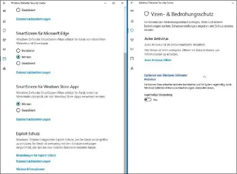 ??  ?? Der neue Exploit-schutz (links), der Viren- und Bedrohungs­schutz (rechts) und weitere Schutzmech­anismen sorgen im Herbst-update für ein höheres Maß an Sicherheit als in den bisherigen Versionen.