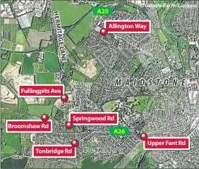  ??  ?? The sinkhole on Upper Fant Road, Maidstone, pictured left, is the sixth one to appear in a two-mile radius in the last five years