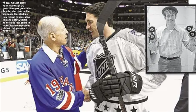  ??  ?? At 2017 All Star game, Ryan McDonagh (r.) greets Rangers great Jean Ratelle, who is second in scoring in Blueshirt history thanks to games like this one (inset), where he holds up four pucks in locker room to represent his hat trick plus one. GETTY