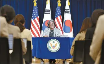  ?? Yonhap ?? Linda Thomas-Greenfield, U.S. ambassador to the United Nations, speaks during a press conference at the American Diplomacy House in Seoul, Wednesday.