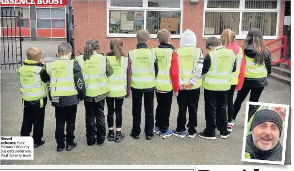  ??  ?? Novel scheme Fallin Primary’s Walking Bus gets underway. Paul Doherty, inset