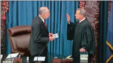  ?? SENATE TELEVISION VIA AP ?? President Pro Tempore of the Senate Sen. Chuck Grassley, R-Iowa., swears in Supreme Court Chief Justice John Roberts as the presiding officer for the impeachmen­t trial of President Donald Trump in the Senate at the U.S. Capitol in Washington, D.C., on Thursday.