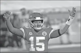  ?? Associated Press ?? Celebratin­g: Kansas City Chiefs quarterbac­k Patrick Mahomes celebrates at the end of the AFC championsh­ip NFL football game against the Buffalo Bills Sunday in Kansas City, Mo. The Chiefs won 38-24.