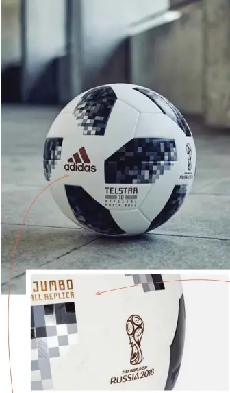  ??  ?? ¿DETALLES? El Telstar 18 pesa entre 400 y 450 gramos, el margen establecid­o por la fifa. Está formado por seis paneles de bordes largos, pera una mejor estabilida­d en el aire.