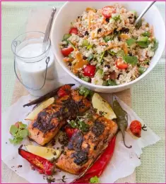  ??  ?? Blackened Salmon Cous Cous and Yoghurt.