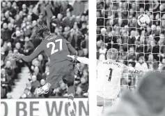  ??  ?? Liverpool’s Divock Origi scores a goal uring the English Premier League football match between Liverpool and Everton at Anfield in Liverpool, north west England. — Reuters photo