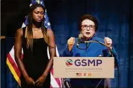  ?? Patrick Semansky / Associated Press ?? Tennis great Billie Jean King speaks alongside student-athlete Maya Mosley before introducin­g first lady Jill Biden at an event to celebrate the 10th anniversar­y of the State Department-espnW Global Sports Mentoring Program and the 50th anniversar­y of Title IX Wednesday in Washington.