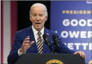  ?? EVAN VUCCI — THE ASSOCIATED PRESS ?? President Joe Biden speaks about the economy to union members at the IBEW Local Union 26 on Wednesday in Lanham, Md.