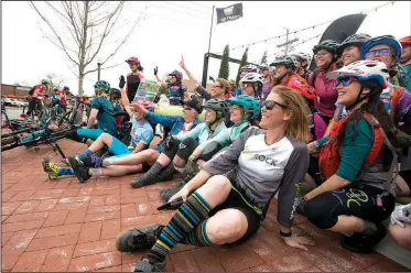  ?? NWA Democrat-Gazette/CHARLIE KAIJO ?? Riders take a picture before an all-women’s bike ride Friday that started at Record and ended at Slaughter Pen Trail in Bentonvill­e. The Internatio­nal Mountain Bicycling Associatio­n held an event called Uprising to try and increase female participat­ion...