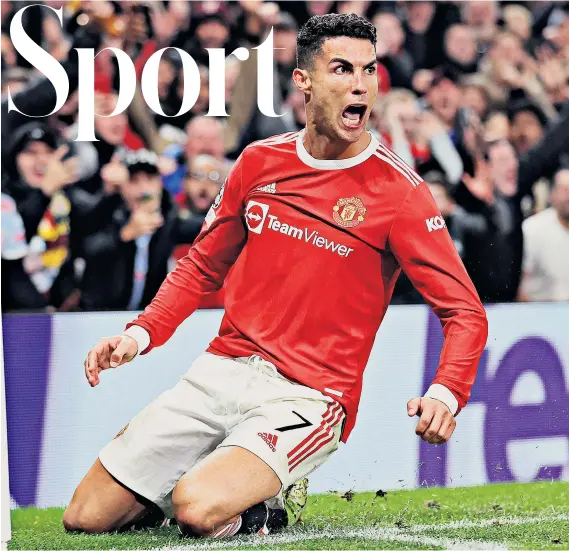  ?? ?? Final twist: Cristiano Ronaldo leads the celebratio­ns as his goal completes victory over Atalanta after Manchester United had been 2-0 down within half an hour. Match report: Pages 2-3