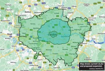  ?? GOOGLE MAPS/TFL ?? Map shows current ULEZ and proposed expansion