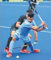  ?? HOCKEY INDIA ?? Manpreet Singh takes a shot at the goal on Sunday.