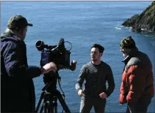  ??  ?? Leading film blogger Andrew Freund interviews Mike O’Shea in front of The Last Jedi’s spectacula­r west Kerry backdrop.