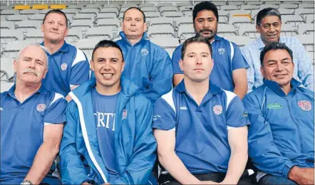  ?? Photo: KRIS DANDO ?? Brains trust: Northern United coaching staff in 2015. Back row, from left, Richard Higgins (premier 1 scrum coach), Tane Langdon-Lane (premier 2 head coach), Ray Aliva (premier 2 manager), Siuai Fiso (premier 2 assistant coach). Front row, from left,...