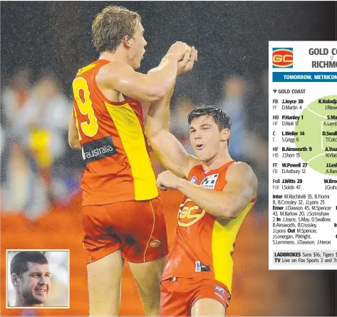  ?? Picture: GETTY IMAGES ?? Tom Lynch (left) and Jaeger O'Meara, pictured in 2013, are two of the stars to have left the Suns in recent seasons. And (inset) Jonathan Brown.