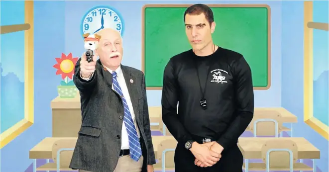  ??  ?? Sacha Baron Cohen in his persona as an Israeli mercenary fools US gun activist Philip van Cleave into making a promo for a kindergart­en weapons training programme.