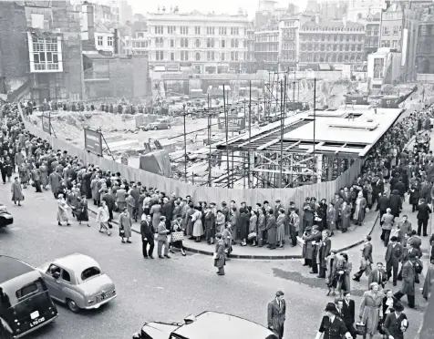  ??  ?? A reconstruc­tion of the Roman Temple of Mithras, top left, queues in 1954, a bull plaque and Roman coins, inset