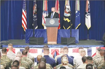  ??  ?? US President Donald Trump delivers remarks on America’s military involvemen­t in Afghanista­n at the Fort Myer military base on Aug 21, in Arlington,
Virginia. (AFP)