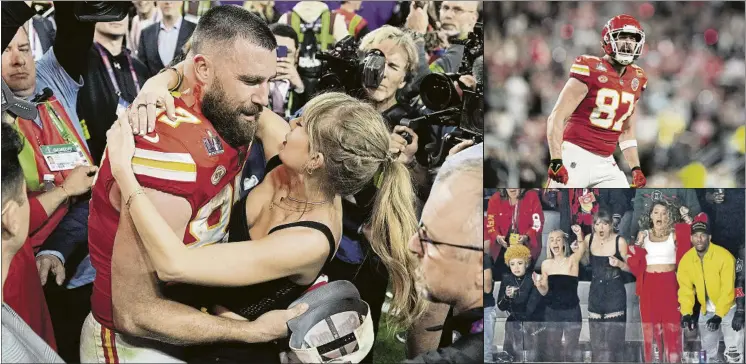  ?? FOTO: LAPRESSE ?? Travis Kelce y Taylor Swift estuvieron en el centro de todas las miradas antes, durante y después de la Super Bowl. La pareja de moda fue la gran estrella mediática en el Allegiant Stadium de Las Vegas