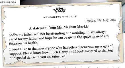  ??  ?? Sadness: Meghan’s extraordin­ary statement yesterday