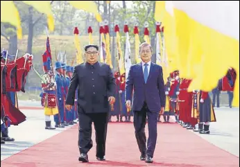  ?? NYT FILE ?? Playing mediator: South Korea’s President Moon Jaein with Kim Jong Un in April