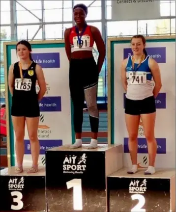  ??  ?? Patience Jumbo-Gula of Dundalk St Gerard’s AC, who won the U19 girls 60m in a new Championsh­ip best at the Leinster indoor championsh­ips in Athlone.