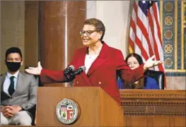  ?? Wally Skalij Los Angeles Times ?? UNUSUAL for a State of the City speech, Bass invited city and county leaders to give remarks, which ref lects her understand­ing of regional power dynamics.