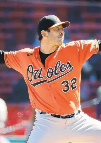  ?? MICHAEL DWYER/AP ?? The Orioles’ Matt Harvey pitches during the first inning of Saturday’s game against the Red Sox in Boston. Harvey allowed two earned runs on six hits with four strikeouts in 4 ⅔ innings.