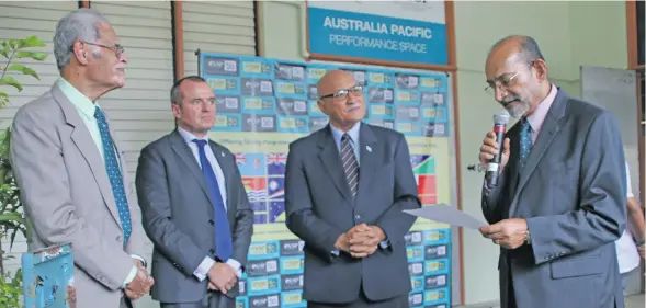  ?? Photo: University of the South Pacific ?? From left: Pro-Chancellor and Chair of USP Council Winston Thompson, Australian High Commission­er John Feakes, Major-General (Retired) Jioji Konusi Konrote and University of the South Pacific Vice-Chancellor and President Professor Rajesh Chandra with...