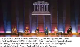  ??  ?? De gauche à droite: Valérie Hoffenberg (Connecting Leaders Club), Sandrine Charnoz (RATP), Élisabeth Oger (Transdev), Sophie Le Corre (L’Oréal), Véronique Haché (ministère de la Transition écologique et solidaire), Marie-Pierre Badré (Région Île-de-France).