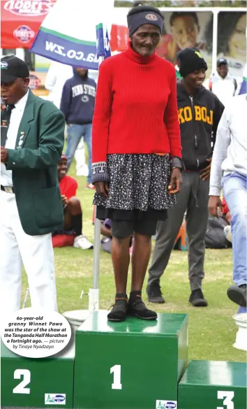  ??  ?? 60-year-old granny Winnet Pawo was the star of the show at the Tanganda Half Marathon a fortnight ago.