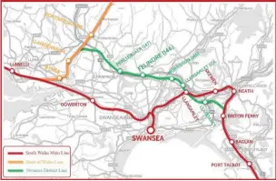  ??  ?? A map showing the rail lines around Swansea and where the West Wales Parkway station could be sited at Felindre.