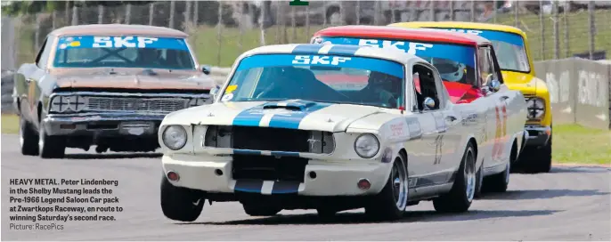  ?? Picture: RacePics ?? HEAVY METAL. Peter Lindenberg in the Shelby Mustang leads the Pre-1966 Legend Saloon Car pack at Zwartkops Raceway, en route to winning Saturday’s second race.