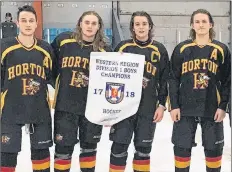  ?? SUBMITTED ?? Captains accepting regional banner, from left, assistant captains Iain Duncan and Noah Barrett, captain Callum Pardy, and assistant captain Dawson Mcphail.